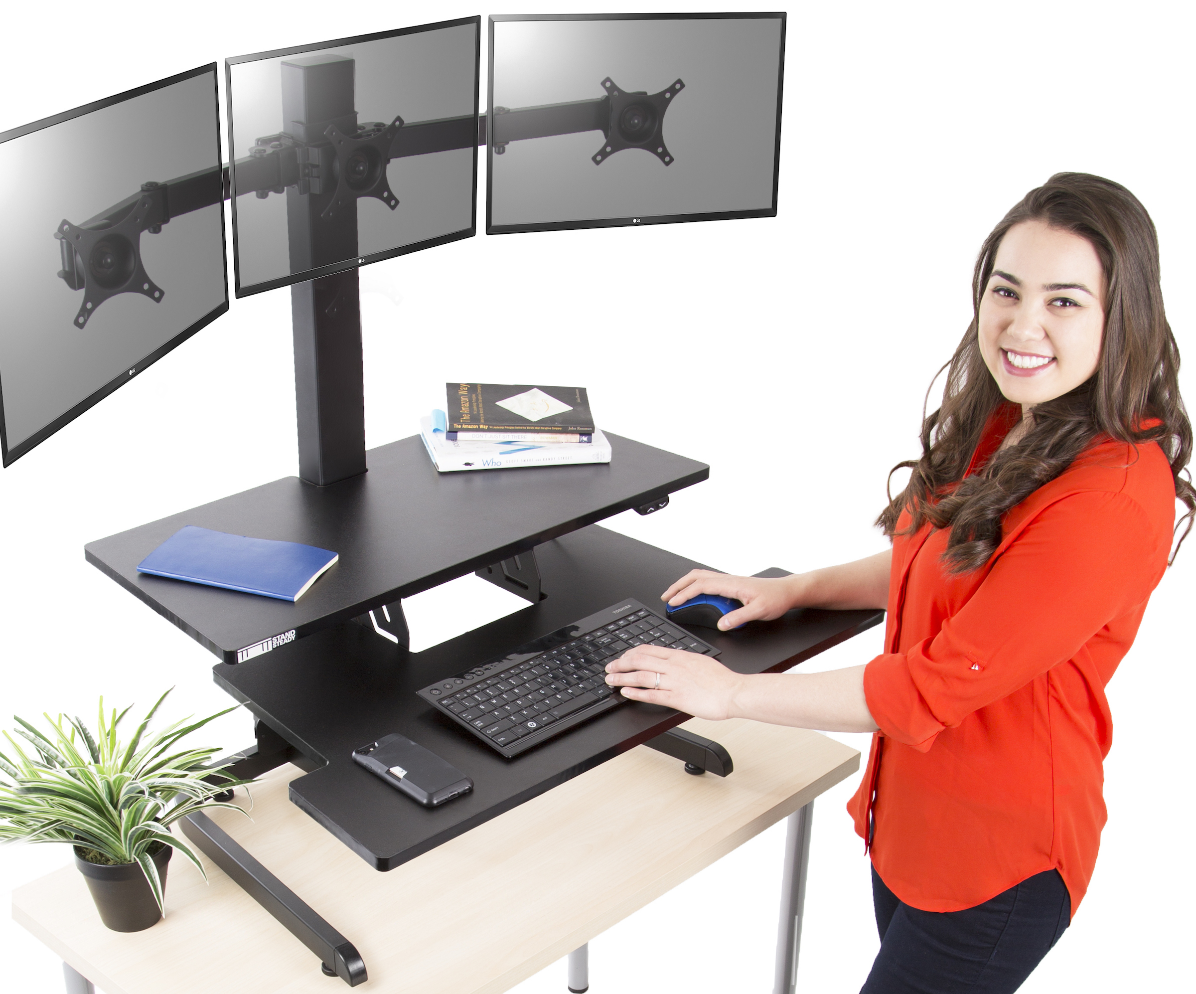 Techtonic Electric Triple Monitor Mount Standing Desk Converter Techtonic Electric Triple Monitor Mount Standing Desk Converter