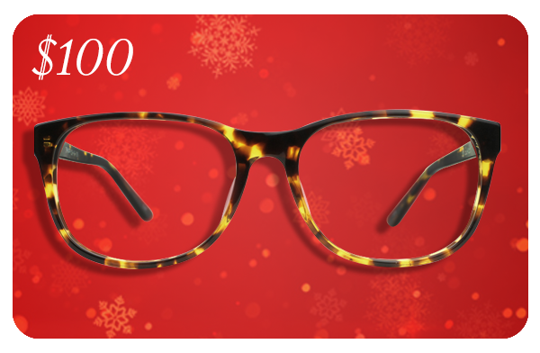 $100 gift card with eyeglasses and snow flakes