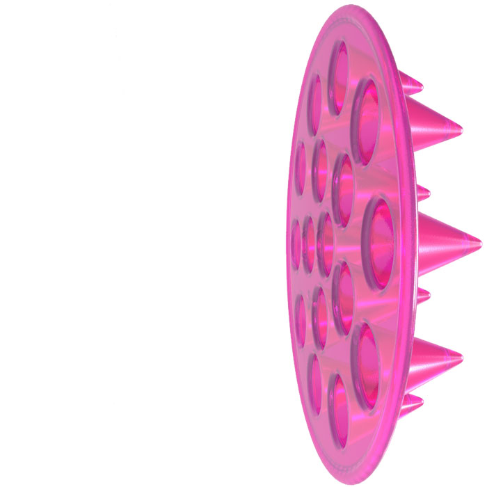 Fluorescent pink Floppy Spike flying disc on its side showing the bottom.