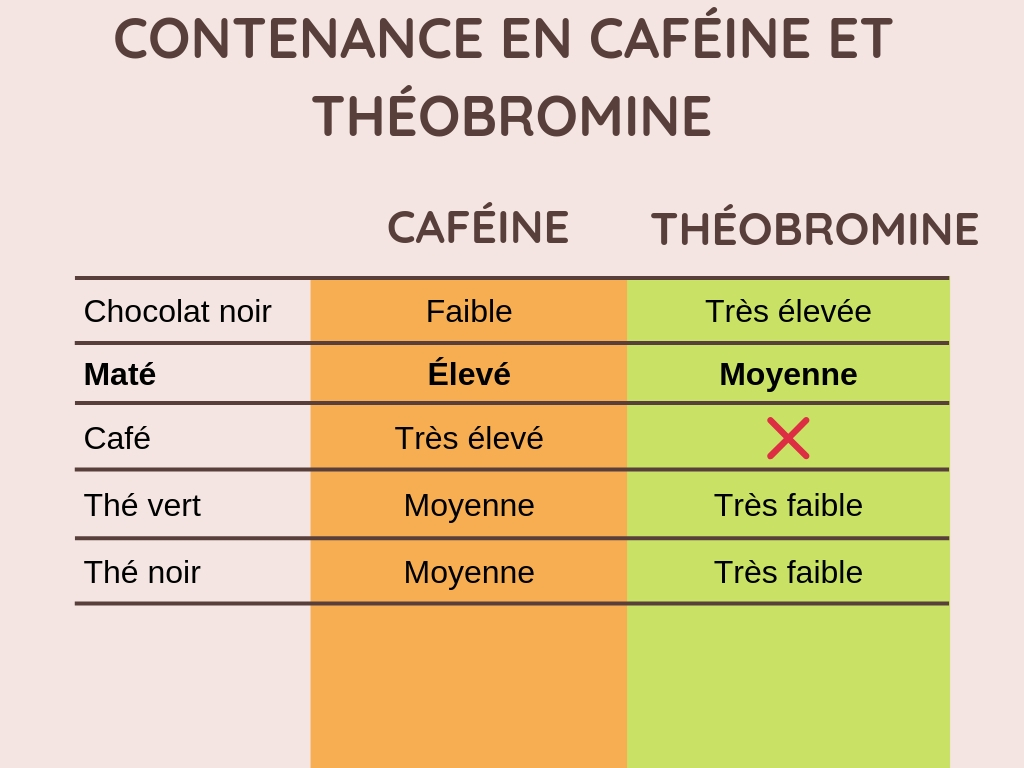Contenance caféine et thébromine chocolat maté café thé vert et thé noir Contenance caféine et thébromine chocolat maté café thé vert et thé noir