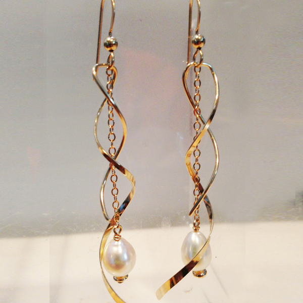 Custom made long gold swirl earrings with pearls