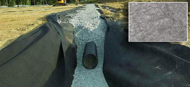Nonwoven Filter fabric installed in a drainage trench with gravel