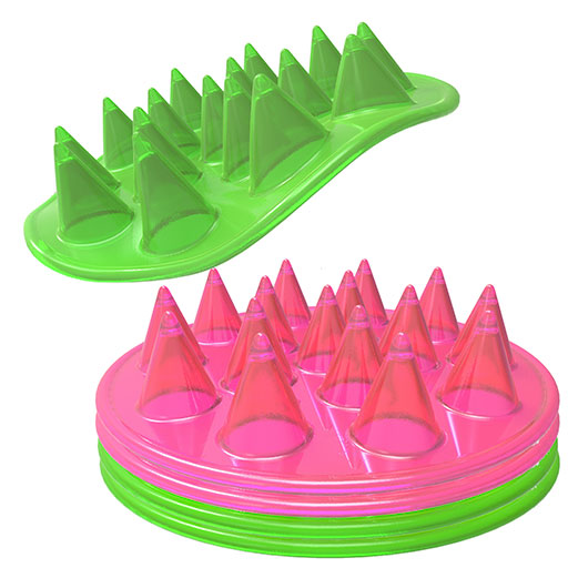 Floppy Spikes stacked shown in Fluorescent Pink and Fluorescent Green with one lifted off the top.
