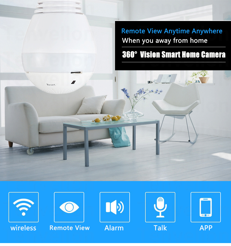 wifi camera bulb 360° wireless remote view alarm talk app