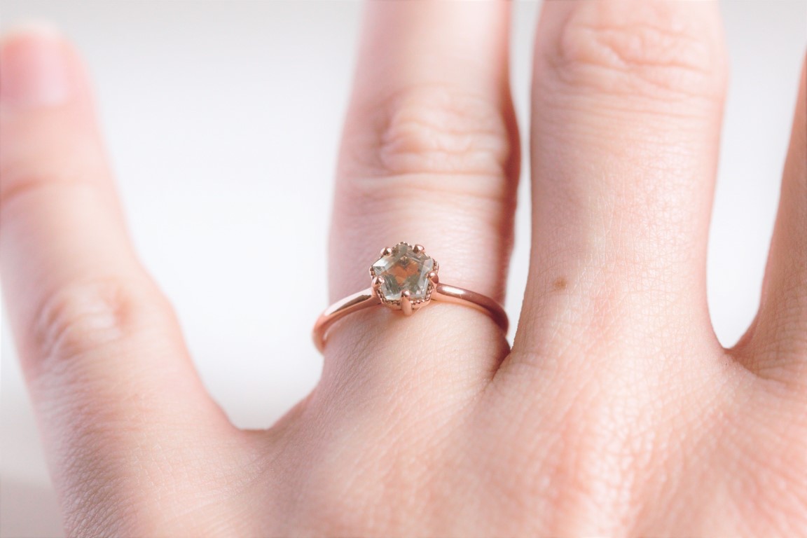 rose gold green amethyst ring on hand